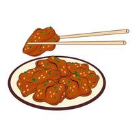 Chopsticks and meat on a plate with chopsticks vector