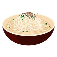 A bowl of noodles with a green onion on top vector