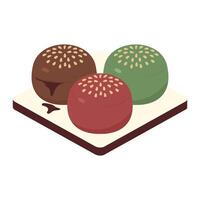 Three different colored macarons on a plate vector