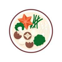 A bowl of noodles with vegetables and mushrooms vector