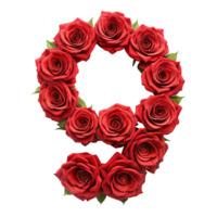 3d red rose in the shape of number nine is isolated on transparent background png