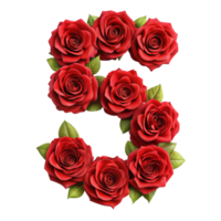 3d red rose in the shape of number five is isolated on transparent background png