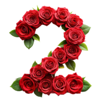 3d red rose in the shape of number two is isolated on transparent background png