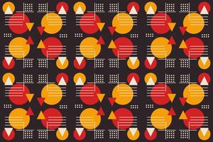 Bold geometric seamless pattern with a vibrant color palette and a dynamic interplay of circles, triangles, and lines. Perfect for modern interior design, fashion textiles vector