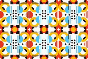 Vibrant geometric seamless pattern with a playful and retro aesthetic, featuring circles, lines, and squares in a dynamic arrangement. Perfect for modern interior design, fashion textiles vector