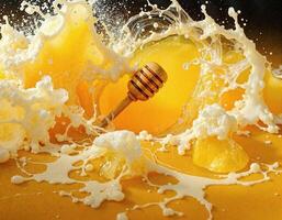 A honeycomb is splashed with milk and honey photo