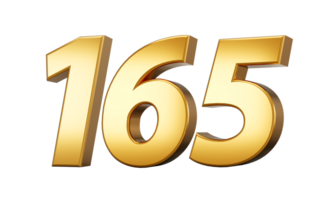 3d number 165 one hundred sixty five Gold text isolated on white background with reflection 3d illustration png