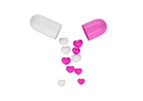 Open capsule with white and pink halves, heart-shaped objects inside. 3D Illustration. png