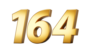 3d number 164 one hundred sixty four Gold text with reflection 3d illustration png