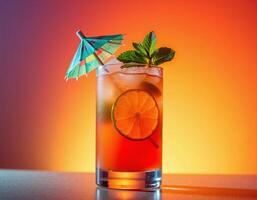 A refreshing cocktail garnished with a slice of lime, mint leaves, and a small umbrella, set against a warm, gradient background photo