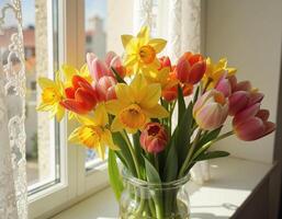 Bright Spring Bouquet of Tulips and Daffodils by Window. photo