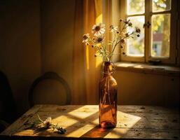A vase with flowers sitting on a table photo