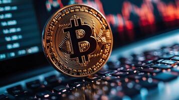 Golden bitcoin on computer keyboard. Cryptocurrency and finance concept. photo
