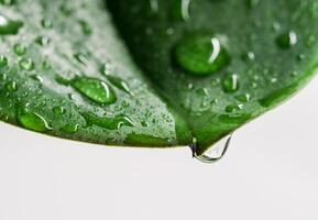 Natural background. Macro green leaf with water drops photo
