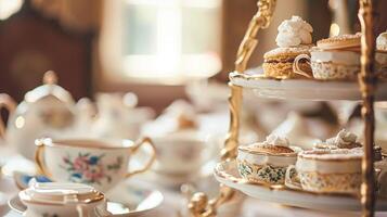Elegant table setting for tea party with cakes and cupcakes in English manor. Vintage style. photo
