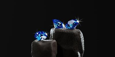 Blue Sapphire Gem Diamond group placed on stone platform background 3d rendering photo