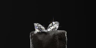 Round diamonds placed on stone with caustic flare black background 3d rendering photo