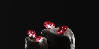 Red Ruby Gem Diamond group placed on stone platform background 3d rendering photo