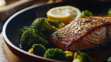 Macro shot of golden roasted salmon, juicy lemon wedges, and fresh broccoli. High-end food photography emphasizing nutritious, high-protein, and visually appealing natural ingredients. photo