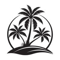 Tropical island silhouette, palm trees, circular frame, black and white graphic, minimalist design, beach scene, vector