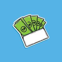 Cartoon graphic featuring a white envelope filled with green cash dollar bills on a blue background, representing finance, savings, and economic concepts in a playful, digital art style. vector