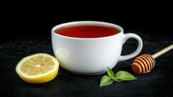 A steaming cup of tea accompanied by lemon slices, fresh basil, and a honey dipper, all set against a dark background. photo