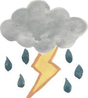 a drawing of a cloud with rain and a lightning bolt watercolor vector