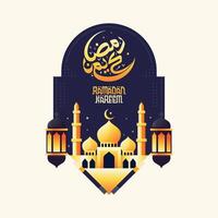 Ramadan Kareem greeting card with mosque and lantern with arabic calligraphy vector