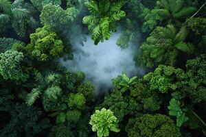 Dense rainforest canopy with mist rising, showcasing lush greenery from an aerial view photo