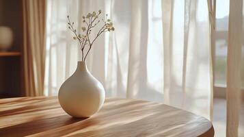 Soft sunlight streams onto a wooden table with a white ceramic vase, minimalistic harmony photo