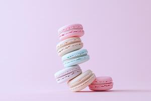 Close up of macarons in a spiral pattern, set against a soft pastel background for an elegant touch photo