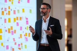 Marketer presenting a visual storyboard, emphasizing teamwork and innovation in content marketing photo