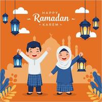 Joyful Children Celebrate Ramadan Lantern-lit Festive Illustration vector