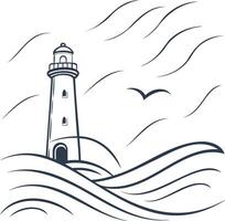 Minimalist Nautical Line Art Lighthouse with Ocean Waves and Flying Seagull in a Modern Digital Illustration for Coastal and Maritime Themed Designs vector