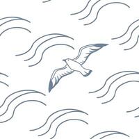 Minimalist Seamless Line Art Seagull Flying Over Ocean Waves in a Modern Nautical Abstract Digital Illustration for Patterns Backgrounds and Coastal Designs vector
