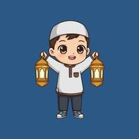 Cheerful Boy with Lanterns A Delightful Ramadan Illustration vector