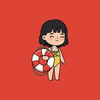 Adorable Girl in Swimsuit with Life Preserver Cheerful Summer Cartoon vector