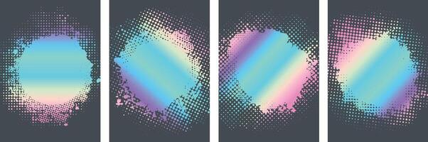 Collection of holograpgy color themed Grunge circle art with halftone background design vector