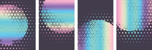 Set of holography color themed Grunge circle with halftone background design vector