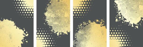 Set of golden color Grunge circle art with halftone background design vector