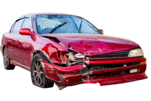 Car crash, Full body front and side view of classic red sedan car get damaged by accident on the road. damaged cars after collision. Isolated on transparent background, car crash broken, File png