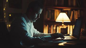 Man Working Late Night on Laptop Computer in Library Setting desk dark home books study light office photo