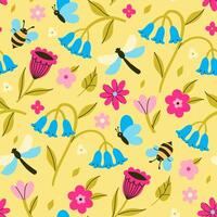 Seamless pattern with dragonflies, bees, butterflies, flowers. graphics. vector