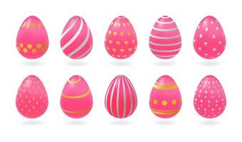 Set of realistic pink eggs with different golden, silver patterns. Isolated illustration on white background. Children dessert, Easter template vector