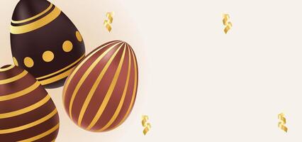 Happy Easter background realistic chocolate eggs with golden pattern. Holiday concept, template, layout, copy space. illustration brown, beige colors vector