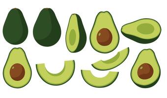Minimalist Avocado Set Illustration Displaying Whole Avocados Slices Variations in a Simple Design vector