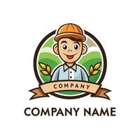 a farmer with a hat and a green field on a white background vector