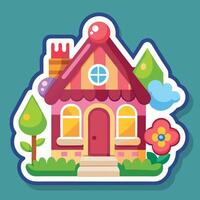 a sticker with a house and flowers on a white background vector