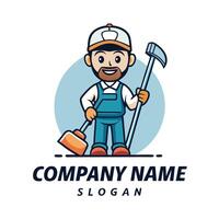 a man with a shovel and a mop in a logo on a white background vector