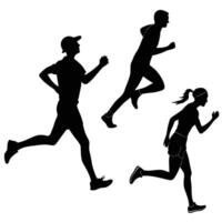 three silhouettes of people running in different positions on a white background vector
